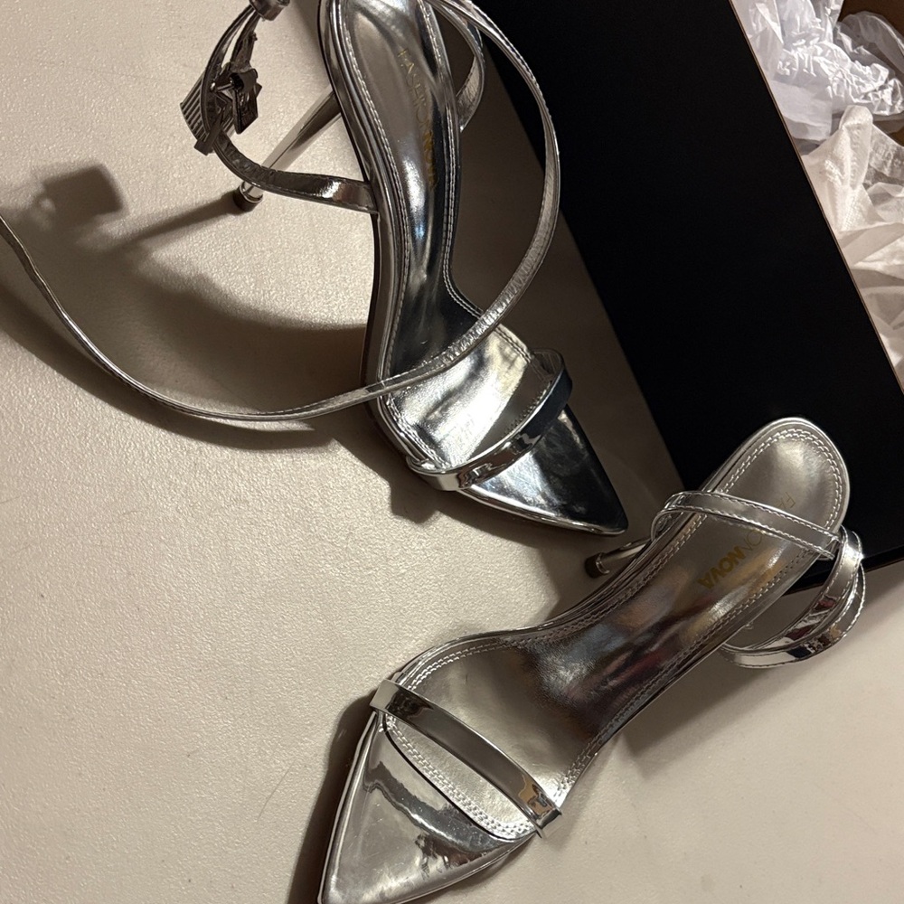 Fashion Nova Shiny Silver Heels